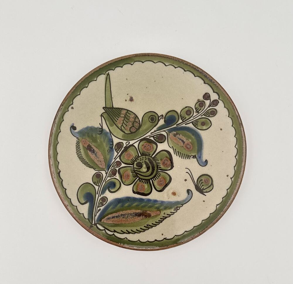 Signed Ken Edwards Tonala Mexico Pottery Trivet, Bird & Flower, Signed KE, 8"